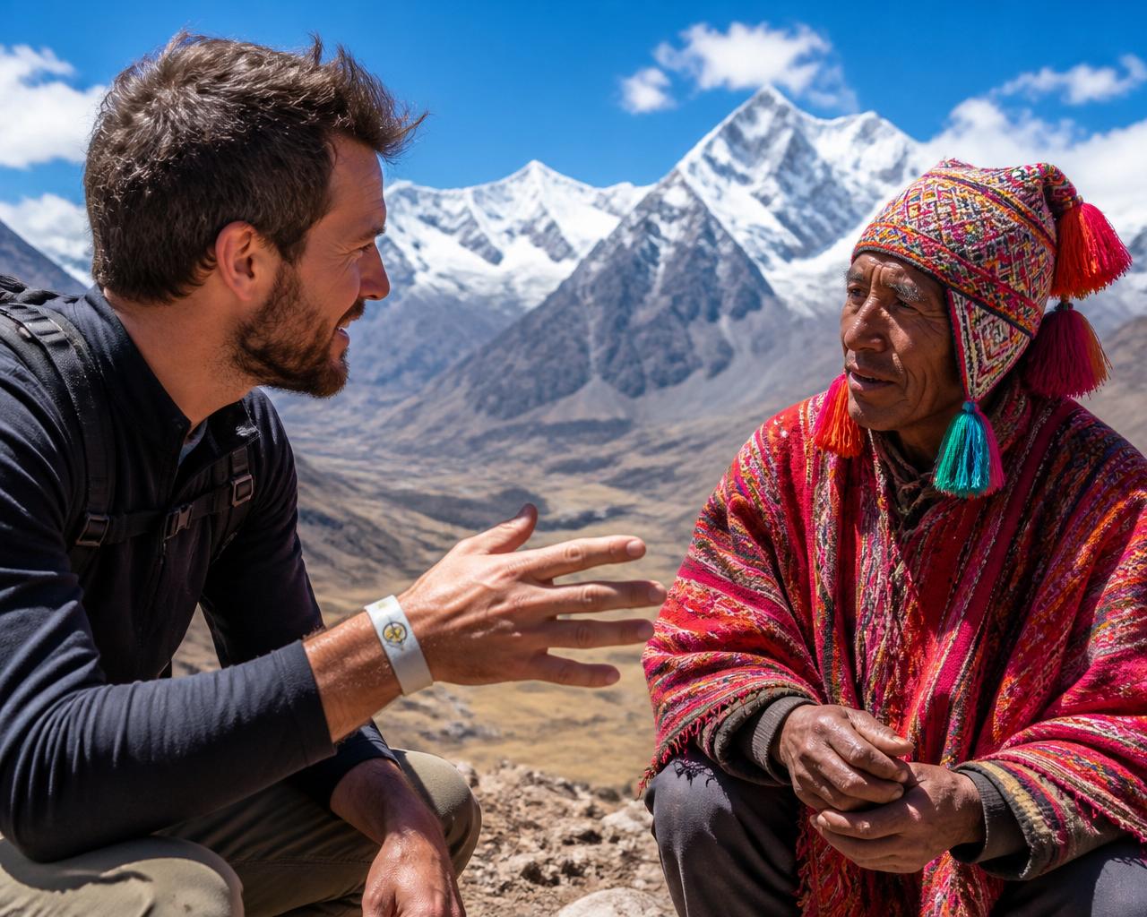 Trading stories with a guide, 4,000 metres up.